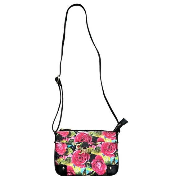 Juicy Couture Black Multi Rose Floral Small Crossbody Purse Outside Pocket - Picture 2 of 9